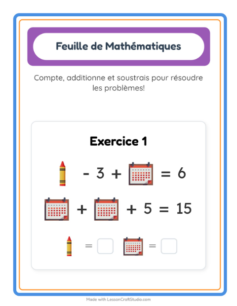 Aperçu de la fiche Fiche De Mathématiques avec Salle de classe pour École maternelle (grande section, 5-7 ans)