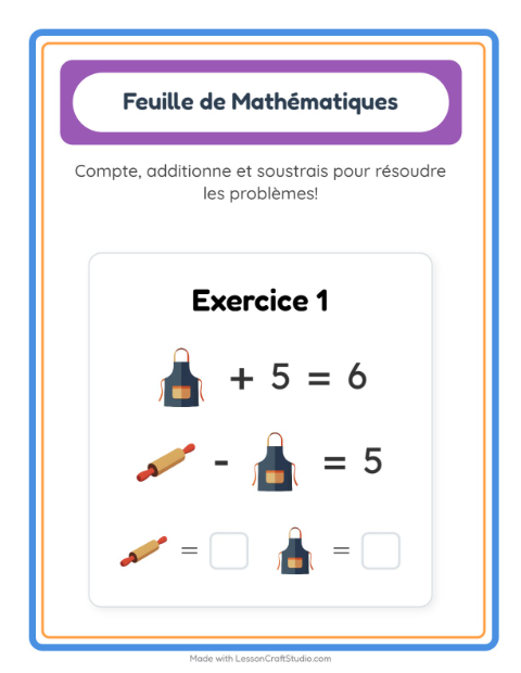 Aperçu de la fiche Fiche De Mathématiques avec Ustensiles de cuisine pour École maternelle (grande section, 5-7 ans)
