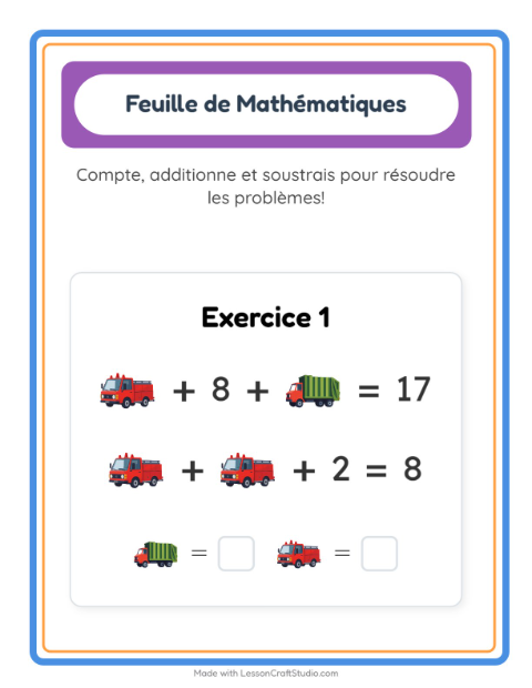 Aperçu de la fiche Fiche De Mathématiques avec Véhicules pour École maternelle (grande section, 5-7 ans)