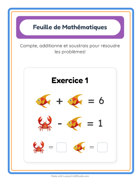 Aperçu de la fiche Fiche De Mathématiques avec Vie océanique pour École maternelle (grande section, 5-7 ans)