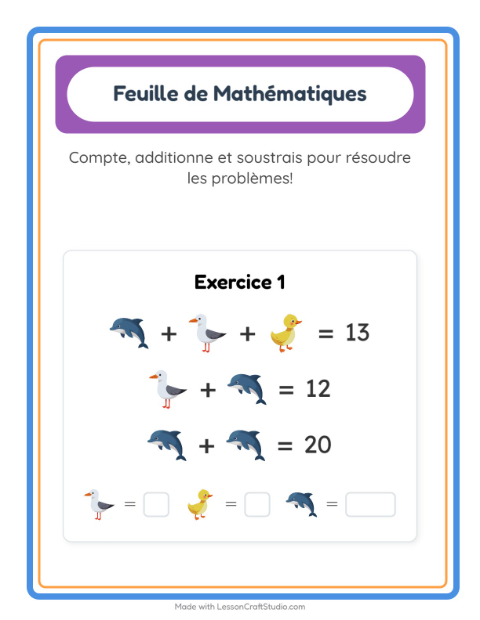 Aperçu de la fiche Fiche De Mathématiques avec Animaux pour École maternelle (grande section, 5-7 ans)