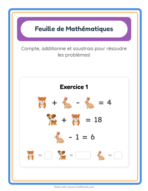 Aperçu de la fiche Fiche De Mathématiques avec Animaux de compagnie pour École maternelle (grande section, 5-7 ans)