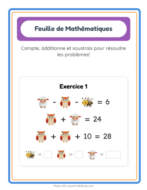 Aperçu de la fiche Fiche De Mathématiques avec Animaux de la ferme pour École maternelle (grande section, 5-7 ans)