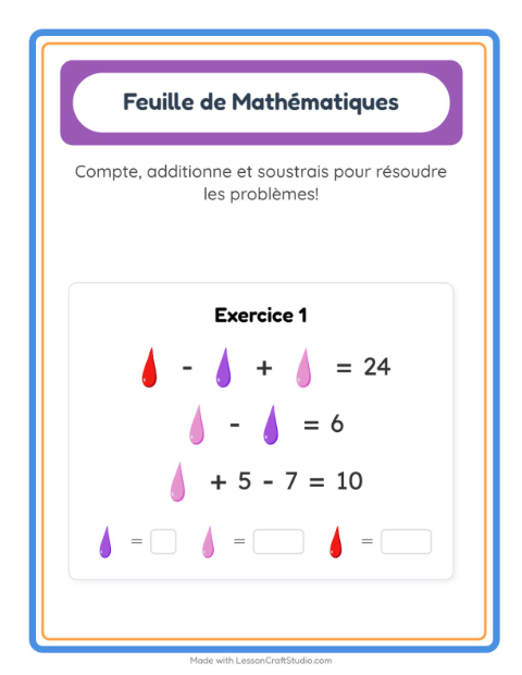 Aperçu de la fiche Fiche De Mathématiques avec Couleurs pour École maternelle (grande section, 5-7 ans)