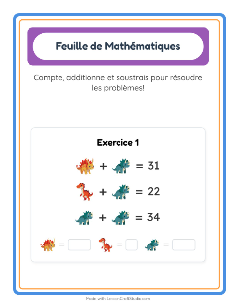 Aperçu de la fiche Fiche De Mathématiques avec Dinosaures pour École maternelle (grande section, 5-7 ans)