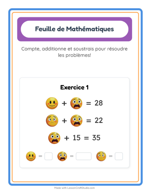 Aperçu de la fiche Fiche De Mathématiques avec Émotions pour École maternelle (grande section, 5-7 ans)