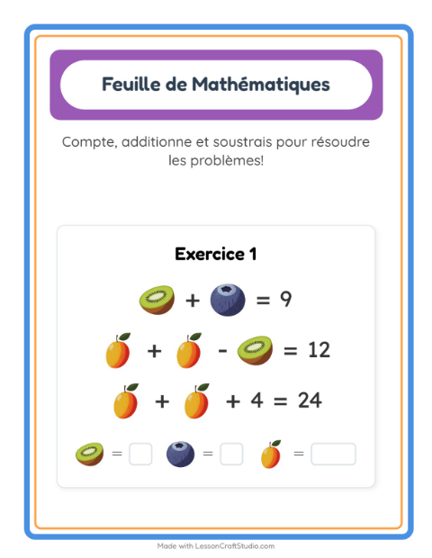 Aperçu de la fiche Fiche De Mathématiques avec Fruits pour École maternelle (grande section, 5-7 ans)