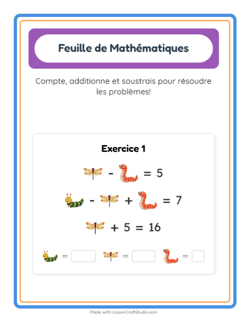 Aperçu de la fiche Fiche De Mathématiques avec Insectes et bestioles pour École maternelle (grande section, 5-7 ans)