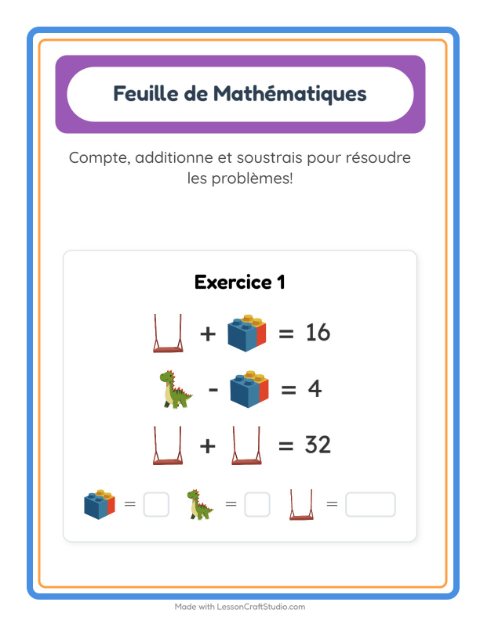 Aperçu de la fiche Fiche De Mathématiques avec Jouets pour École maternelle (grande section, 5-7 ans)