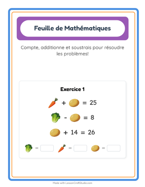 Aperçu de la fiche Fiche De Mathématiques avec Légumes pour École maternelle (grande section, 5-7 ans)