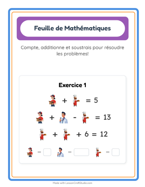 Aperçu de la fiche Fiche De Mathématiques avec Métiers pour École maternelle (grande section, 5-7 ans)