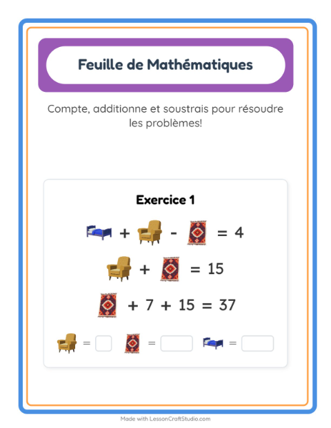 Aperçu de la fiche Fiche De Mathématiques avec Meubles pour École maternelle (grande section, 5-7 ans)