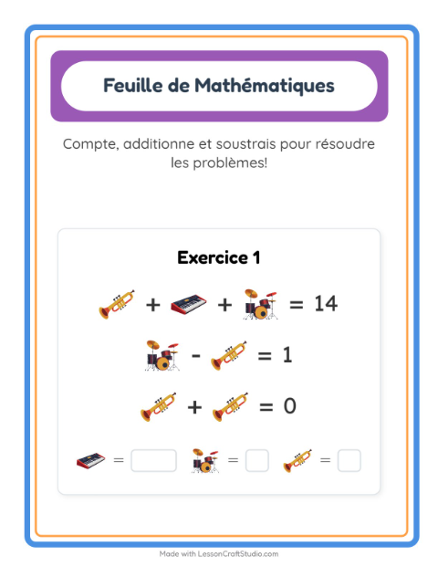 Aperçu de la fiche Fiche De Mathématiques avec Musique pour École maternelle (grande section, 5-7 ans)