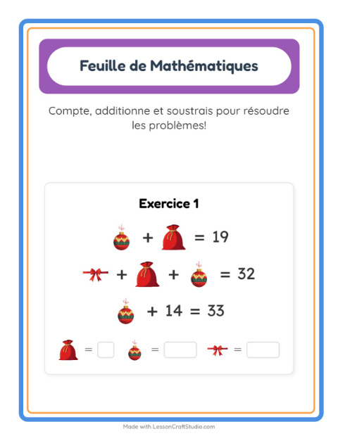 Aperçu de la fiche Fiche De Mathématiques avec Noël pour École maternelle (grande section, 5-7 ans)