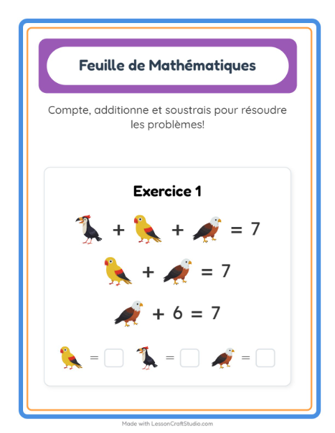 Aperçu de la fiche Fiche De Mathématiques avec Oiseaux pour École maternelle (grande section, 5-7 ans)