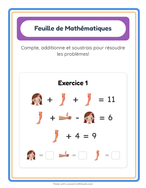 Aperçu de la fiche Fiche De Mathématiques avec Parties du corps pour École maternelle (grande section, 5-7 ans)