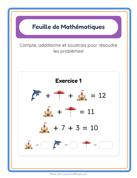 Aperçu de la fiche Fiche De Mathématiques avec Plage pour École maternelle (grande section, 5-7 ans)