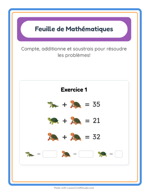 Aperçu de la fiche Fiche De Mathématiques avec Reptiles et amphibiens pour École maternelle (grande section, 5-7 ans)
