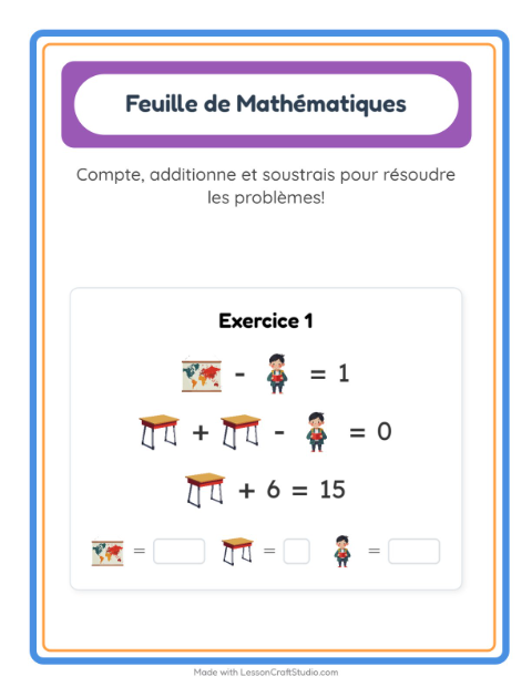 Aperçu de la fiche Fiche De Mathématiques avec Salle de classe pour École maternelle (grande section, 5-7 ans)