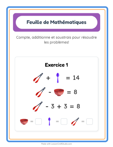 Aperçu de la fiche Fiche De Mathématiques avec Ustensiles de cuisine pour École maternelle (grande section, 5-7 ans)