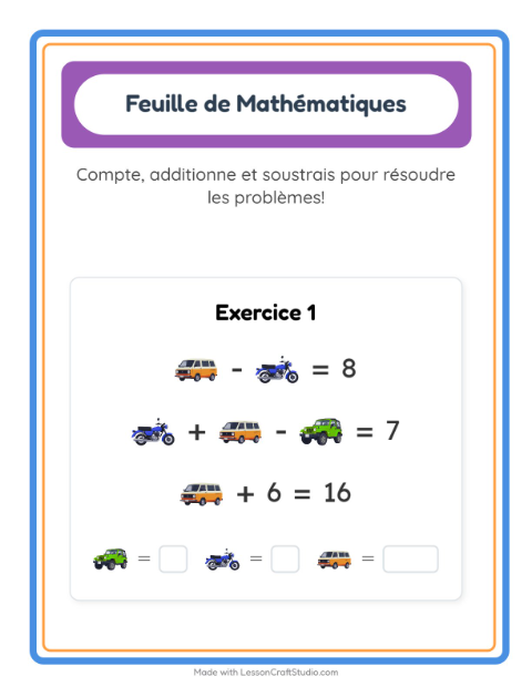 Aperçu de la fiche Fiche De Mathématiques avec Véhicules pour École maternelle (grande section, 5-7 ans)