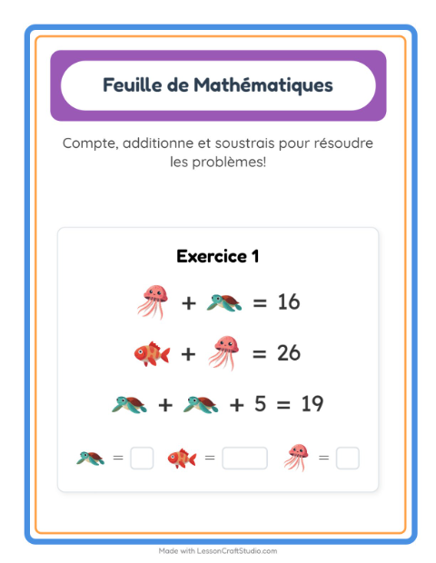 Aperçu de la fiche Fiche De Mathématiques avec Vie océanique pour École maternelle (grande section, 5-7 ans)