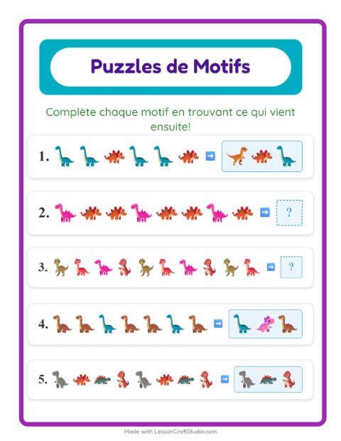 Aperçu de la fiche Fiche De Modèles avec Dinosaures pour CP (cours préparatoire)