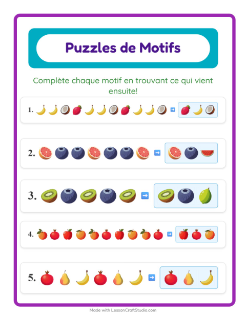 Aperçu de la fiche Fiche De Modèles avec Fruits pour CP (cours préparatoire)