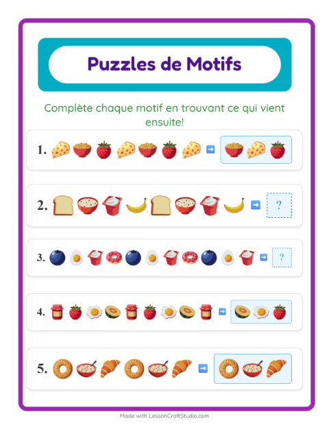 Aperçu de la fiche Fiche De Modèles avec Petit-déjeuner pour CP (cours préparatoire)