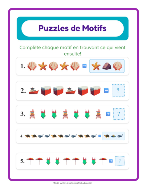 Aperçu de la fiche Fiche De Modèles avec Plage pour CP (cours préparatoire)