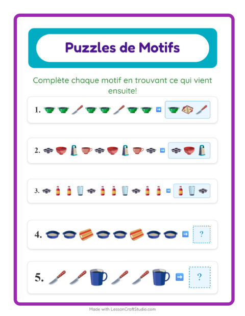 Aperçu de la fiche Fiche De Modèles avec Ustensiles de cuisine pour CP (cours préparatoire)