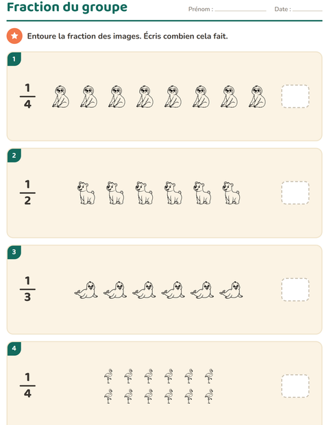 Aperçu de la fiche Fractions avec Animaux du zoo NB pour CE2 (cours élémentaire 2)