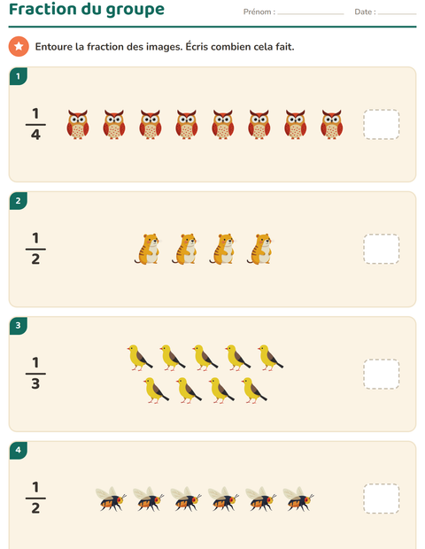 Aperçu de la fiche Fractions avec Créatures de la forêt pour CE2 (cours élémentaire 2)