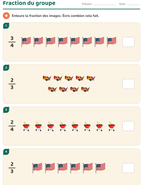 Aperçu de la fiche Fractions avec 4 juillet pour CE2 (cours élémentaire 2)