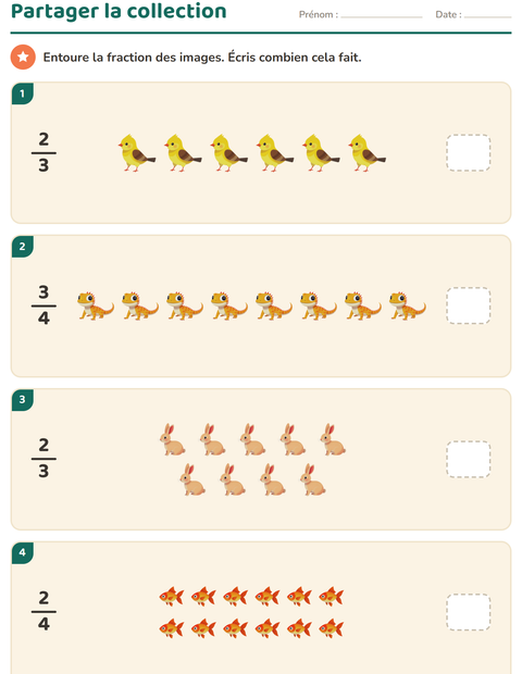 Aperçu de la fiche Fractions avec Animaux de compagnie pour CE1 (cours élémentaire 1)