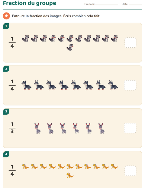 Aperçu de la fiche Fractions avec Animaux pour CE2 (cours élémentaire 2)