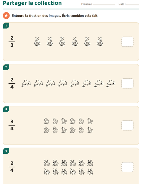 Aperçu de la fiche Fractions avec Animaux NB 3 pour CE1 (cours élémentaire 1)