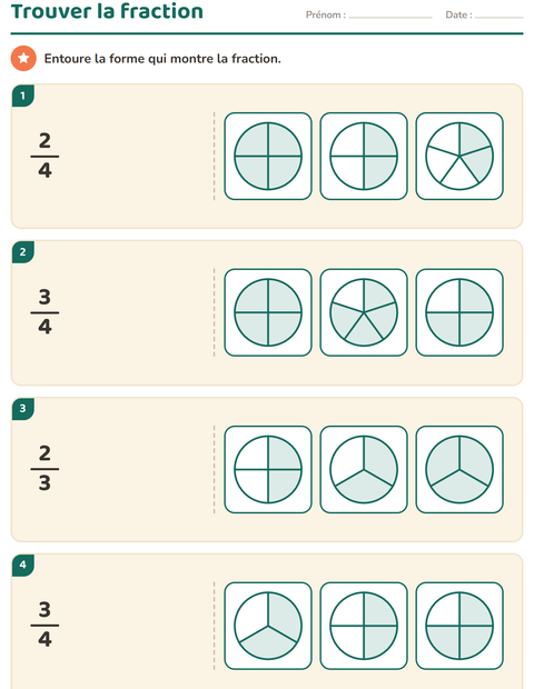 Aperçu de la fiche Fractions pour CE1 (cours élémentaire 1)