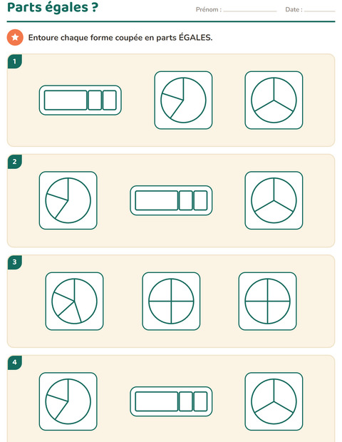 Aperçu de la fiche Fractions pour CE1 (cours élémentaire 1)