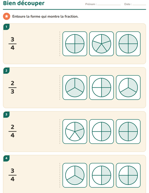 Aperçu de la fiche Fractions pour CE1 (cours élémentaire 1)