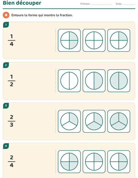 Aperçu de la fiche Fractions pour CE1 (cours élémentaire 1)