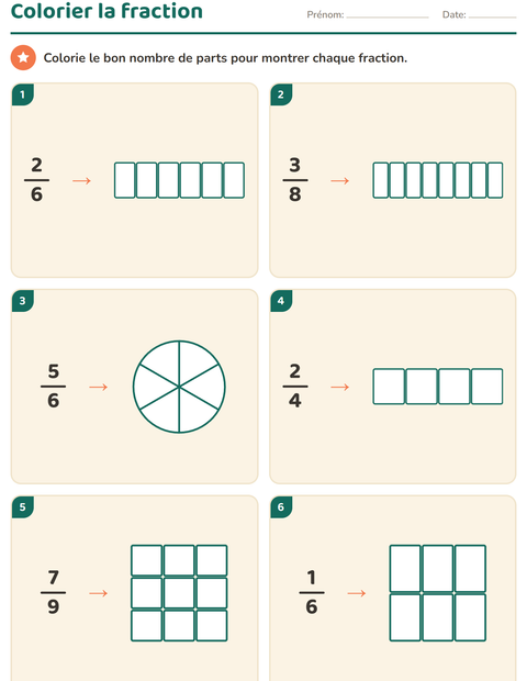 Aperçu de la fiche Fractions pour CE2 (cours élémentaire 2)