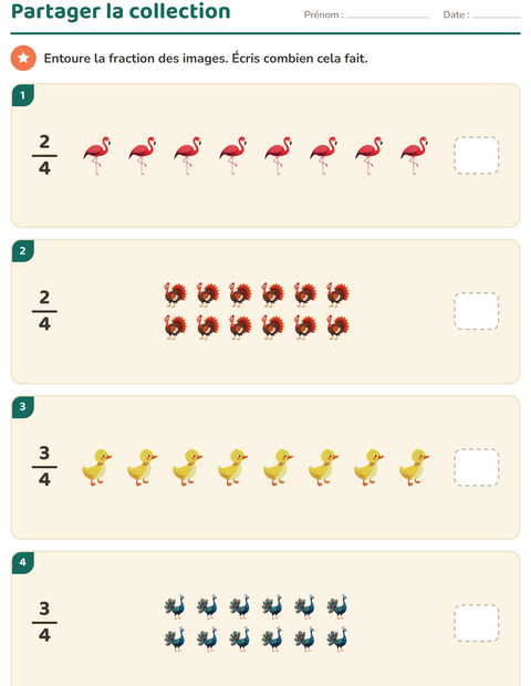 Aperçu de la fiche Fractions avec Oiseaux 2 pour CE1 (cours élémentaire 1)