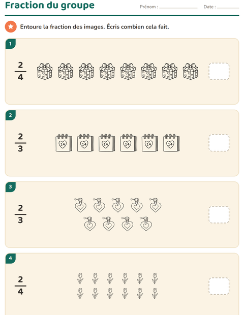 Aperçu de la fiche Fractions avec Saint-Valentin NB 2 pour CE2 (cours élémentaire 2)