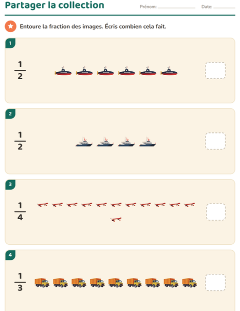 Aperçu de la fiche Fractions avec Véhicules pour CE1 (cours élémentaire 1)