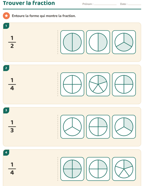 Aperçu de la fiche Fractions pour CE1 (cours élémentaire 1)