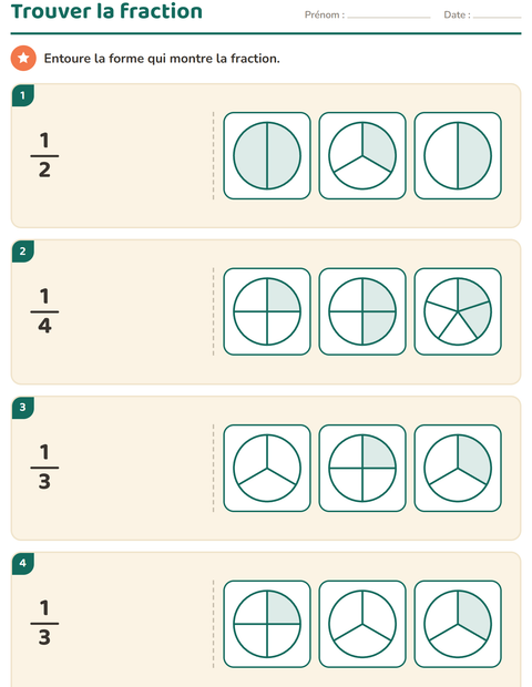 Aperçu de la fiche Fractions pour CE1 (cours élémentaire 1)