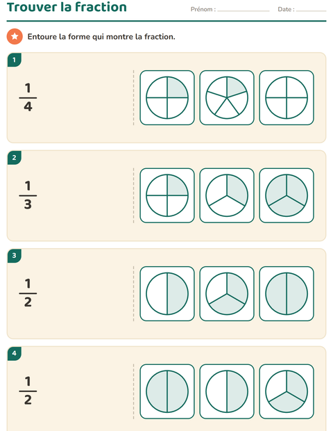 Aperçu de la fiche Fractions pour CE1 (cours élémentaire 1)