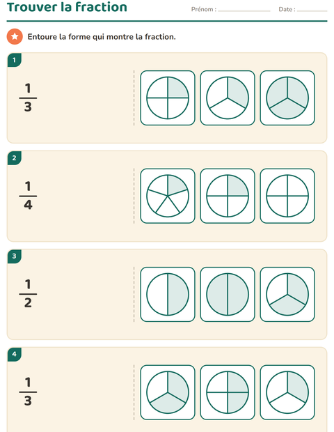 Aperçu de la fiche Fractions pour CE1 (cours élémentaire 1)