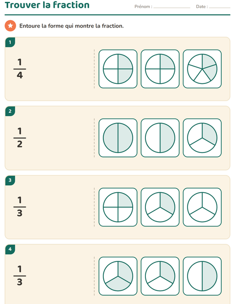 Aperçu de la fiche Fractions pour CE1 (cours élémentaire 1)